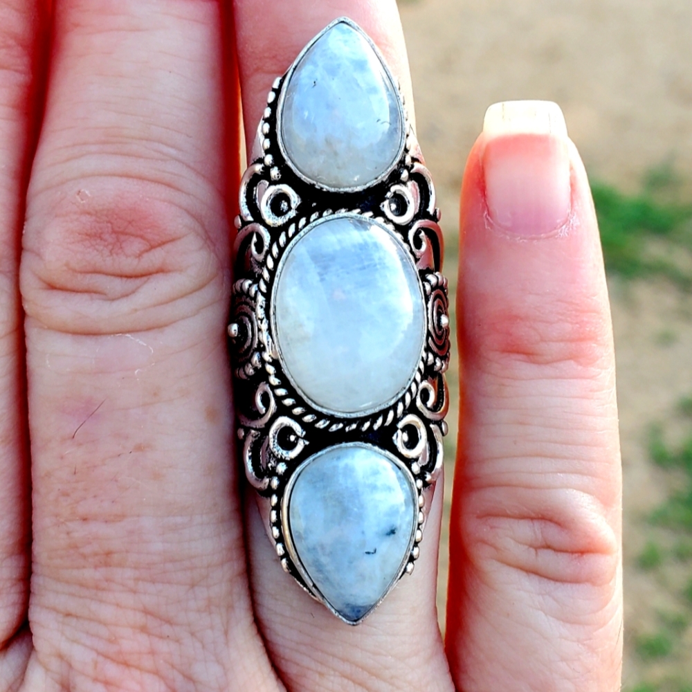 New Rainbow Moonstone 925 Silver Statement Ring.